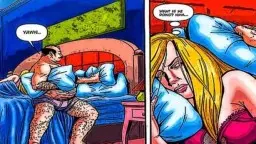 Blonde in rotem Dessous reitet tätowierten Mann im Bett
